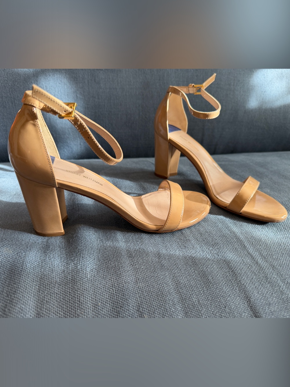 Stuart Weitzman Patent Leather Nude Ankle-Strap Block Heel Sandals